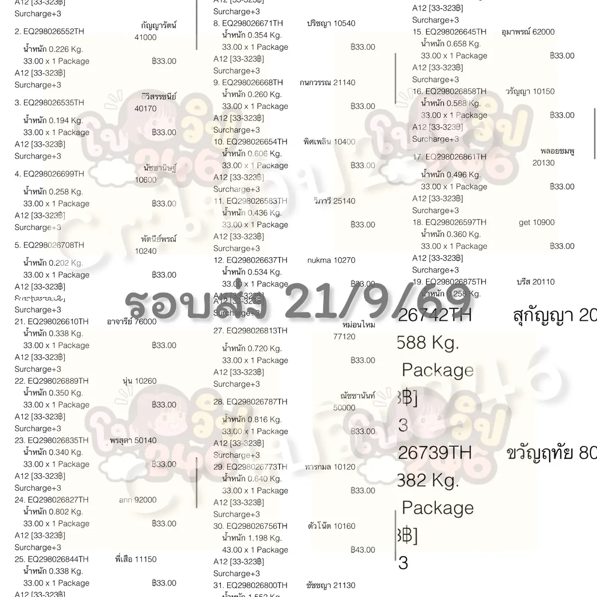 เลขพัสดุรอบส่งลูกค้าสั่งซื้อ 18-20 กันยายน 2569